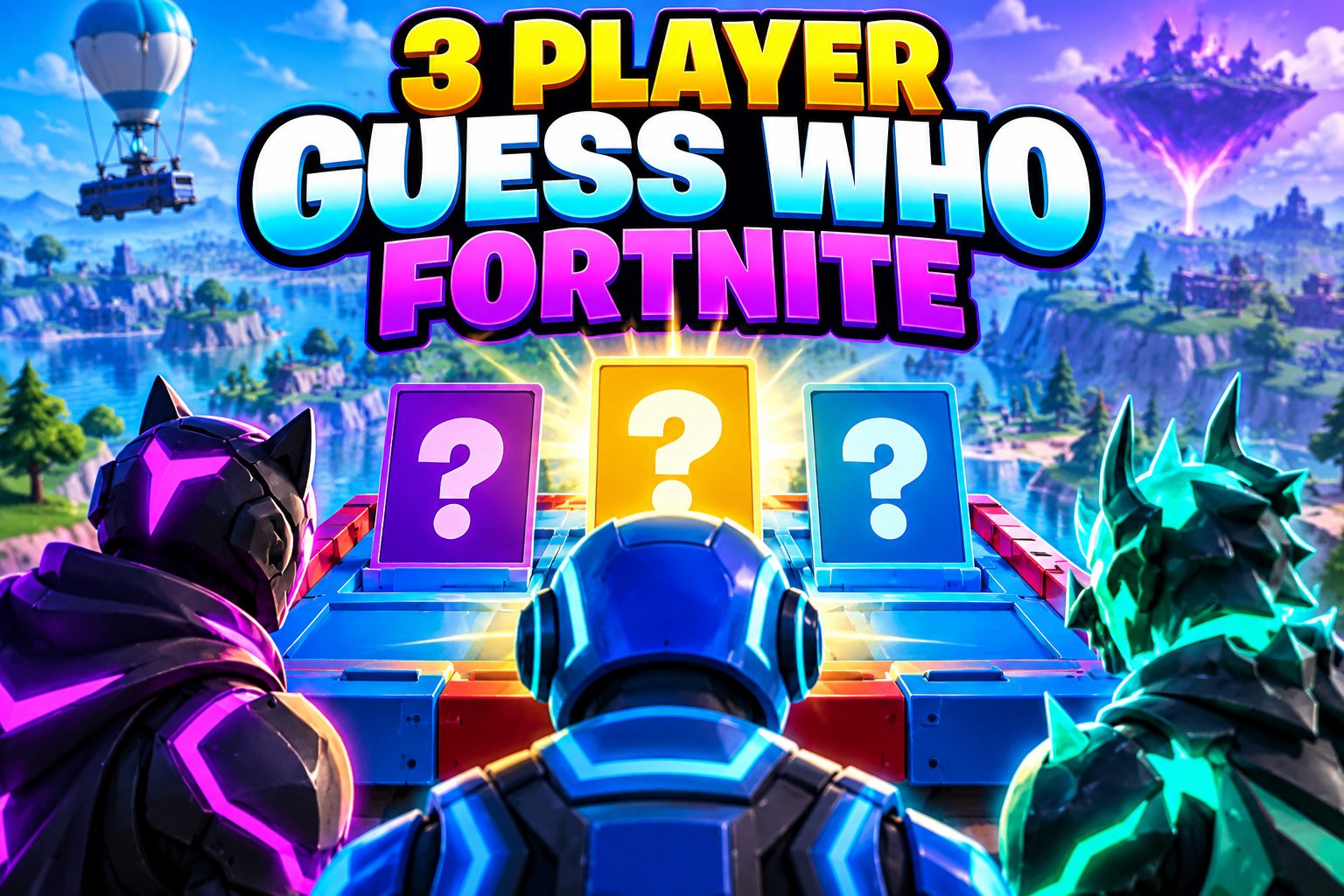 Three Fortnite-style players face off in a colorful Guess Who game.